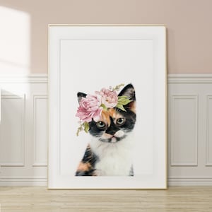 Kitten Cat Wall Art Print with Floral Crown ~ Girls Bedroom Decor Poster ~ Printable Digital Download