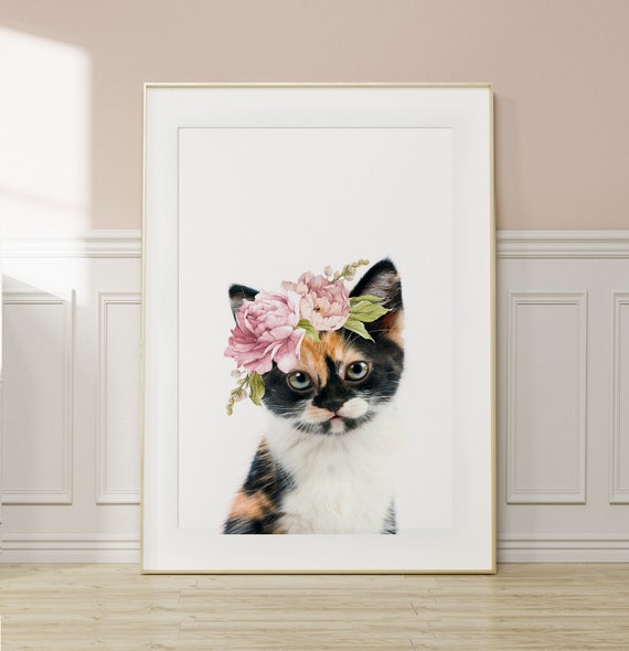 Kitten Cat Wall Art Print with Floral Crown ~ Girls Bedroom Decor Poster ~ Printable Digital Download