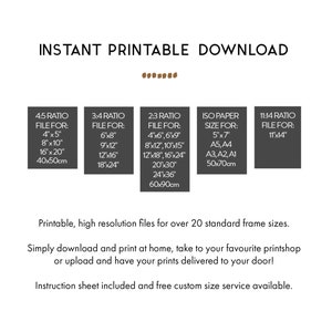 Puede incluir: Descarga digital imprimible de 20 tama&ntilde;os de marco est&aacute;ndar para fotos y obras de arte. La imagen muestra un gr&aacute;fico en blanco y negro con el texto "Descarga imprimible instant&aacute;nea" y una lista de tama&ntilde;os de archivo en pulgadas y cent&iacute;metros.