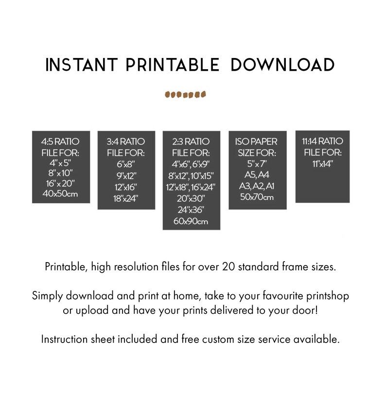 Puede incluir: Descarga digital imprimible de 20 tama&ntilde;os de marco est&aacute;ndar para fotos y obras de arte. La imagen muestra un gr&aacute;fico en blanco y negro con el texto "Descarga imprimible instant&aacute;nea" y una lista de tama&ntilde;os de archivo en pulgadas y cent&iacute;metros.