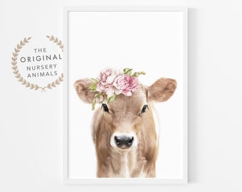 Calf with Flowers Print ~ Farm Animal Wall Art ~ Girls Nursery Bedroom Wall Art Decor ~ Farmhouse Poster