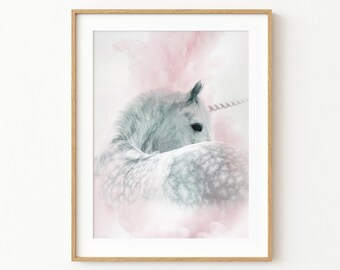 Unicorn Print: Pink Floral Nursery Wall Art (Digital Download)
