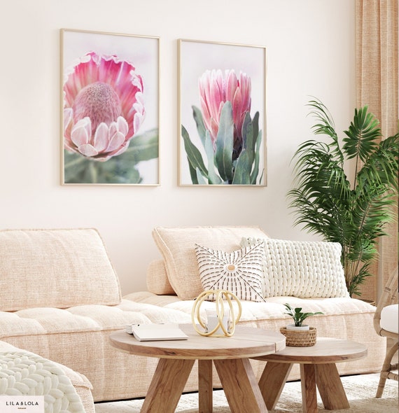Botanical Floral Print Set of 2 ~ Printable Wall Art ~ Protea Plant Flower Photo ~ Pink Girls Bedroom Decor