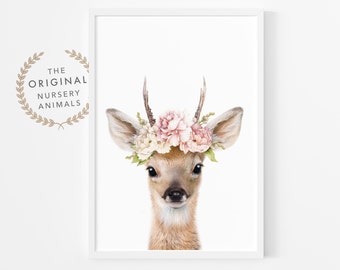 Floral Baby Deer Wall Art Print ~ Girls Bedroom or Nursery Decor ~ Woodland Animal Decor