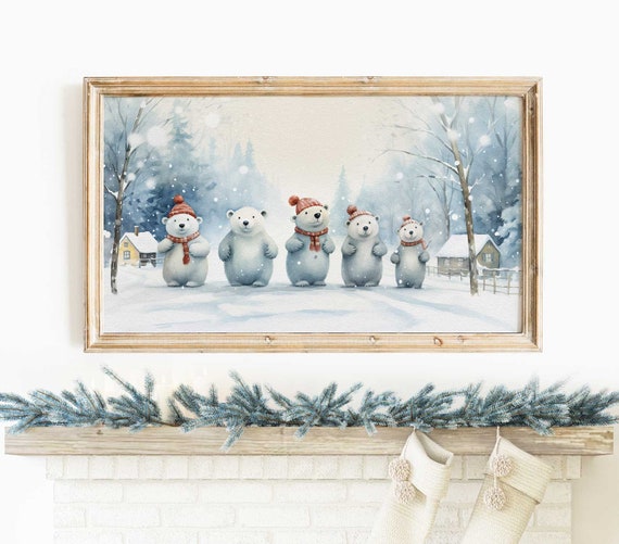 Samsung frame tv art Christmas, frame tv art Winter Scene, Polar Bear Family, Cute Watercolour Painting, Kids Holiday Home Decor