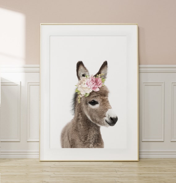 Donkey Wall Art Print ~ Floral Crown ~ Girls Farmhouse Bedroom Decor ~ Printable Digital Download