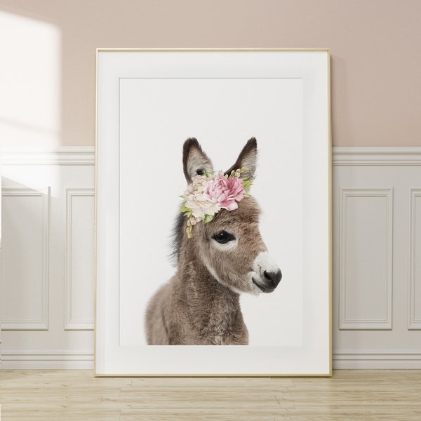 Donkey Wall Art Print ~ Floral Crown ~ Girls Farmhouse Bedroom Decor ~ Printable Digital Download