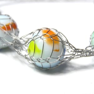 French Knit Wire Necklace: Captured Glass Marbles, Modern Steel Wire Mesh Jewelry, 30 Inches