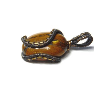 May include: A brown and gold tiger's eye stone pendant wrapped in black and brass wire.
