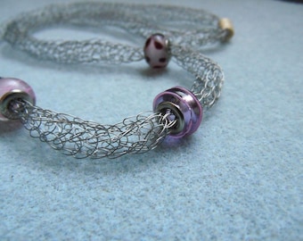 French Knit Wire Necklace: Purple Glass Beads, Modern Steel Wire Mesh Jewelry, 28 Inches
