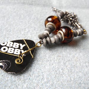 Guitar Pick Necklace, Recycled Logo Card Jewelry, Glass and Wood Bead Necklace, Wire Wrapped Guitar Pick on Chain, Black Upcycled Card