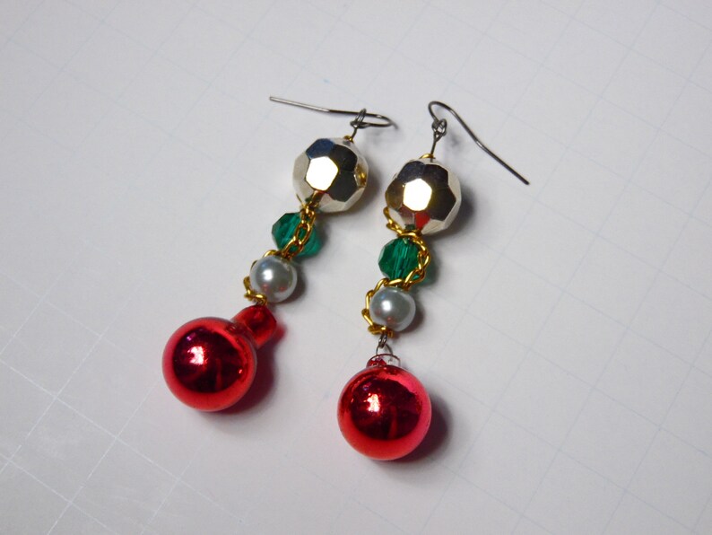 Vintage Style Christmas Ornament Earrings Silver and Green Holiday Earrings Chain and Bead Earrings Red Bobble Earrings For Her