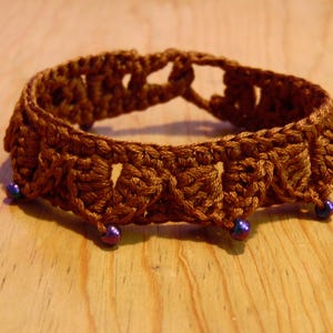 Darkened Brown Fantasy Leaves Bracelet, Crochet Unisex Jewelry, Hypoallergenic Cotton Bracelet, Leaf Bracelet with Glass Beads, Role-Playing