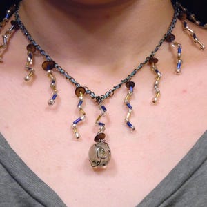 Zig-Zag Bangle Necklace: Gold and Blue, Shells and Glass Beads