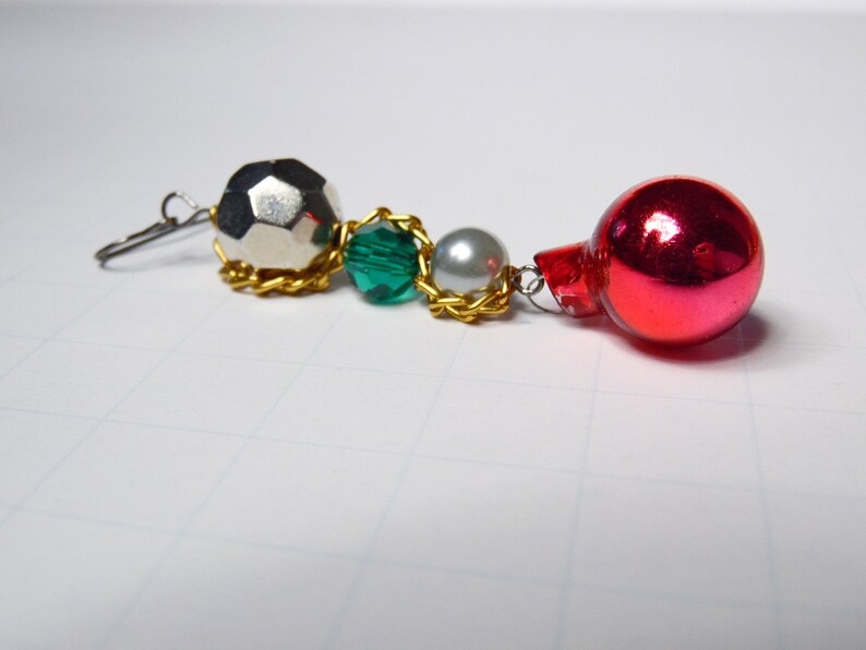 Vintage Style Christmas Ornament Earrings Silver and Green Holiday Earrings Chain and Bead Earrings Red Bobble Earrings For Her
