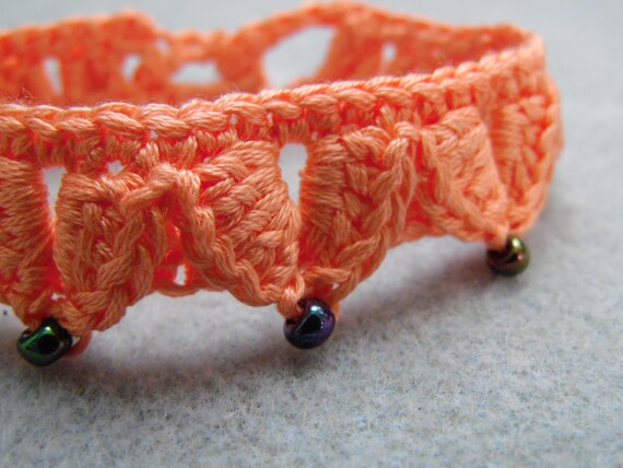 Just Peachy Fantasy Leaves Bracelet, Crochet Unisex Jewelry, Hypoallergenic Cotton Bracelet, Leaf Bracelet with Glass Beads, Role-Playing