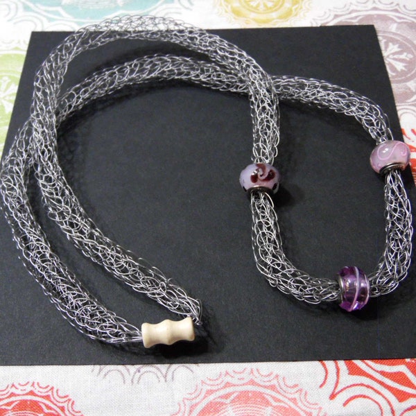 French Knit Wire Necklace with Glass Beads, Steel Wire Mesh Jewelry, Eclectic Swirl Purple Glass Beads on Wire, Playful Modern Accessories