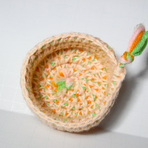 Crochet Rope Bowl, Kumihimo Bowl, Small Desk Basket, Hanging Organizer, Spring Colors Coiled Bowl, Pink, Orange, Green, White Valet Tray image 1