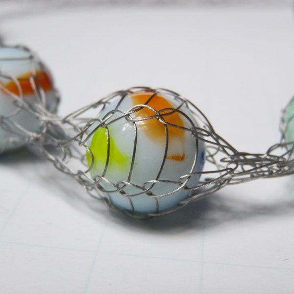 Knit Cord Jewelry, French Knit Wire Necklace with Captured Marbles, Glass and Steel Wire Mesh Jewelry, Wire Knit Gifts For Grandparents