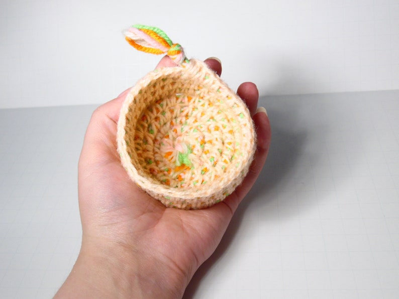 Crochet Rope Bowl, Kumihimo Bowl, Small Desk Basket, Hanging Organizer, Spring Colors Coiled Bowl, Pink, Orange, Green, White Valet Tray image 10