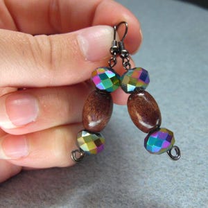 Shimmering Bead Earrings, Dichroic Glass and Wood Jewelry, Women&#39;s Chunky Earrings, Faceted Earrings for Girls, Dangle Drop Earrings for Her