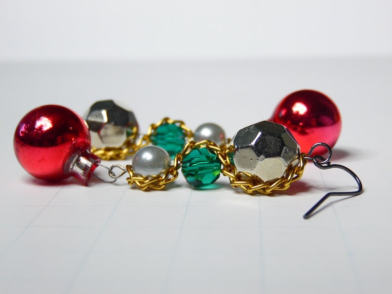 Vintage Style Christmas Ornament Earrings Silver and Green Holiday Earrings Chain and Bead Earrings Red Bobble Earrings For Her