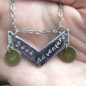 Seek Adventure Customizable Pendant, Silver Colored Arrow Charm with Bronze initials, Relationship Goals Initial Pendant on Rhodium Chain Pendant w/ Initials