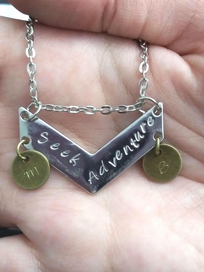 Seek Adventure Customizable Pendant, Silver Colored Arrow Charm with Bronze initials, Relationship Goals Initial Pendant on Rhodium Chain Pendant w/ Initials