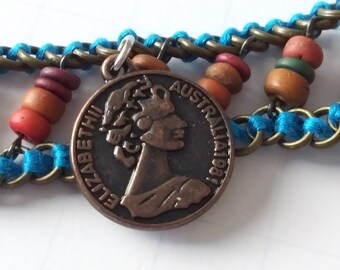 Wood Bead Bracelet, Unisex Threaded Jewelry, Woven Jump-ring Bracelet with Coin, Blue and Brown Beaded Cuff, Antique Gold Colored Bracelet