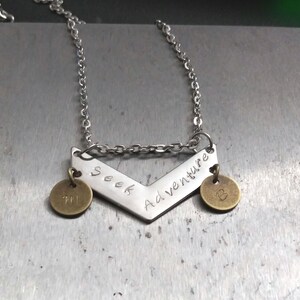 Seek Adventure Customizable Pendant, Silver Colored Arrow Charm with Bronze initials, Relationship Goals Initial Pendant on Rhodium Chain Initials w/ Chain