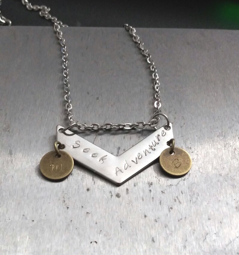 Seek Adventure Customizable Pendant, Silver Colored Arrow Charm with Bronze initials, Relationship Goals Initial Pendant on Rhodium Chain Initials w/ Chain