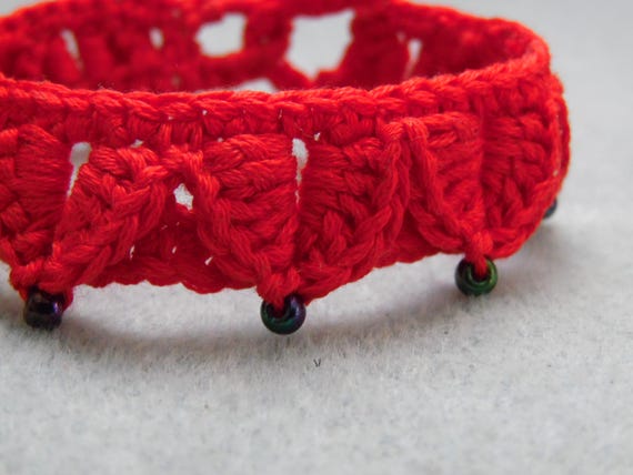Bold Red Fantasy Leaves Bracelet, Crochet Unisex Jewelry, Hypoallergenic Cotton Bracelet, Leaf Bracelet with Glass Beads, Role-Playing