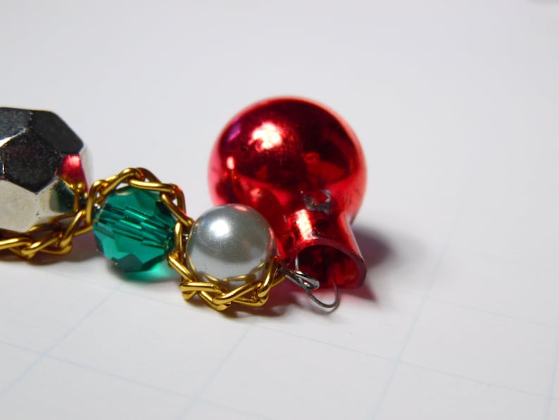 Vintage Style Christmas Ornament Earrings Silver and Green Holiday Earrings Chain and Bead Earrings Red Bobble Earrings For Her