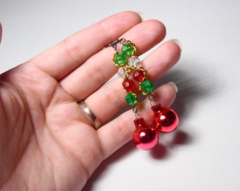 Red, White, and Green Holiday Earrings, Vintage Style Christmas Ornament Earrings, Chain and Bead Earrings, Red Bobble Earrings For Her