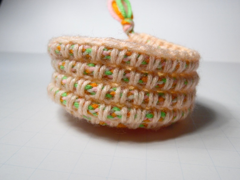 Crochet Rope Bowl, Kumihimo Bowl, Small Desk Basket, Hanging Organizer, Spring Colors Coiled Bowl, Pink, Orange, Green, White Valet Tray image 6