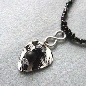 Black and White Guitar Pick Necklace, Recycled Gift Card Jewelry, Glass and Wood Bead Necklace, Hardware Bangle Necklace, Upcycled Gift Card