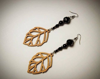 Laser Cut Leaf Earrings, Glass Bead Earrings with Wooden Leaves, Leaf Dangle Earrings, Nature Jewelry, BoHo Women's Wood Leaf Jewelry