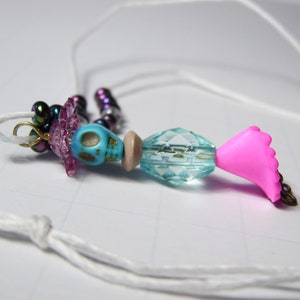 Blue Sugar Skull Lady Necklace, Dia De Los Muertos Necklace for Women, Lady in Blue and Pink Dress Pendant, Skull Pendant on Bamboo Cord