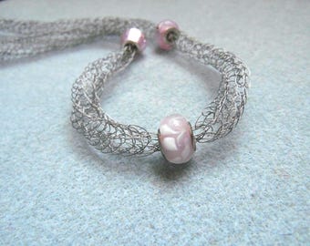 French Knit Wire Necklace: Pink Glass Beads, Modern Steel Wire Mesh Jewelry, 22 Inches
