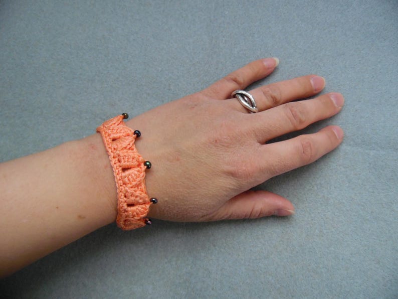 Just Peachy Fantasy Leaves Bracelet, Crochet Unisex Jewelry, Hypoallergenic Cotton Bracelet, Leaf Bracelet with Glass Beads, Role-Playing image 3