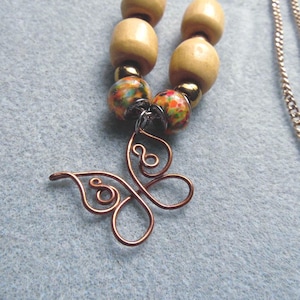 Copper Butterfly Necklace, Long Chain Jewelry with Glass and Wood Beads, Spring Vibes Statement Necklace, Wire Wrapped Butterfly Pendant