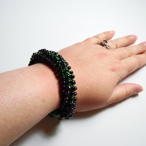 Green Crochet Bracelet, Chunky Glass Bead Jewelry, Women&#39;s Cotton Bracelet, Green - Black - and Dichroic Glass Bracelet with Silver Charm