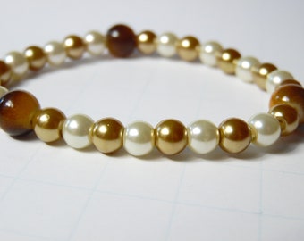 Gold and white Glass Pearl Bracelet, Girl's Stretchy Bracelet, Pearl Beads On Stretch Cord, Bracelet For Women, Glass Pearl Beaded Jewelry