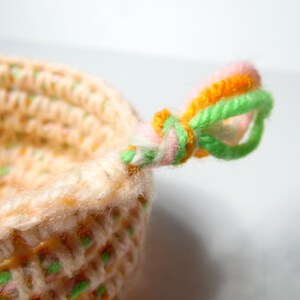 Crochet Rope Bowl, Kumihimo Bowl, Small Desk Basket, Hanging Organizer, Spring Colors Coiled Bowl, Pink, Orange, Green, White Valet Tray image 3