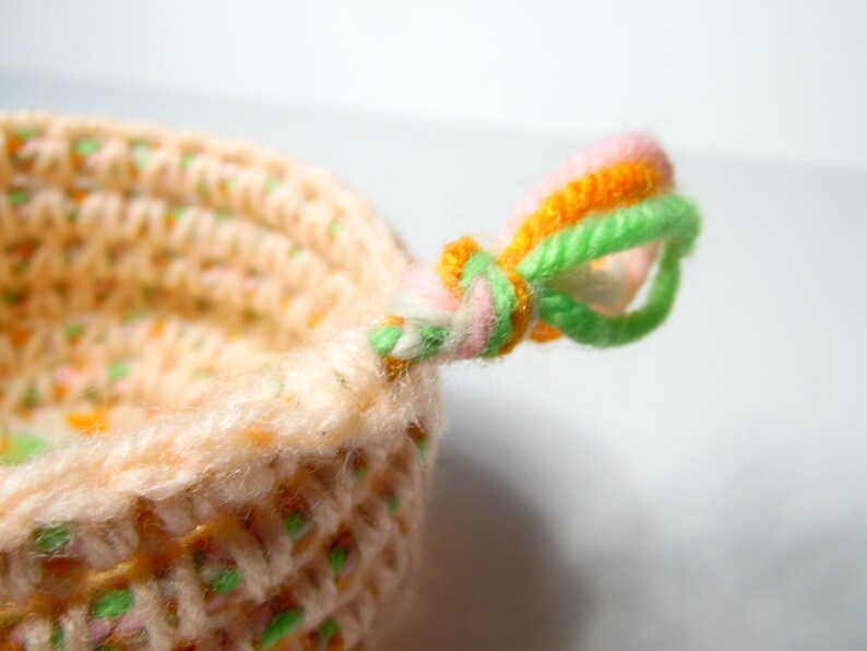 Crochet Rope Bowl, Kumihimo Bowl, Small Desk Basket, Hanging Organizer, Spring Colors Coiled Bowl, Pink, Orange, Green, White Valet Tray image 3