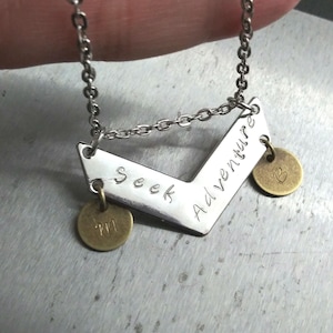 Seek Adventure Customizable Pendant, Silver Colored Arrow Charm with Bronze initials, Relationship Goals Initial Pendant on Rhodium Chain zdjęcie 1