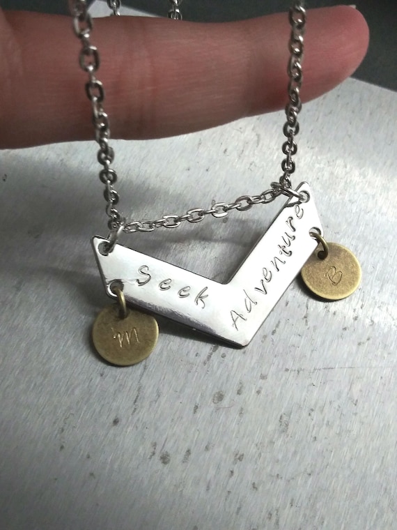 Seek Adventure Customizable Pendant, Silver Colored Arrow Charm with Bronze initials, Relationship Goals Initial Pendant on Rhodium Chain