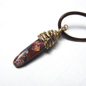 Purple Wire Wrapped Jasper Pendant, Natural Stone Pendant, Wrapped Jasper on Leather Cord, Unisex Necklace, Purple Black Jasper