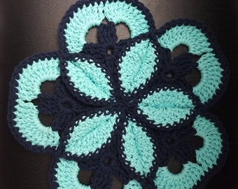 Crochet Flower Hot Pad: Bicolor Starburst Trivet, 100% Cotton Kitchen Decor