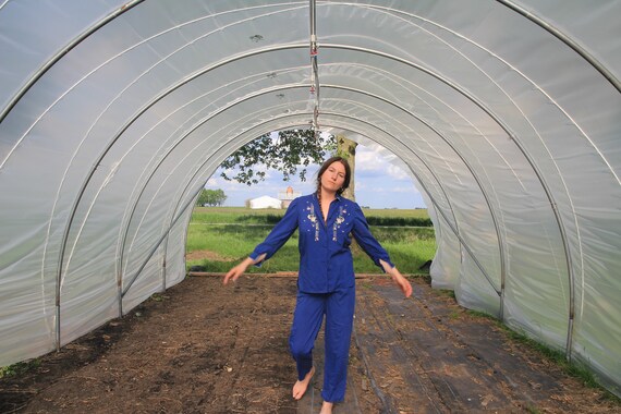 Embroidered navy pajama set